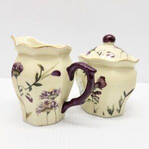 Vintage Creamer and Sugar Bowl Purple crocuses, mauve and gold   wedding gift
